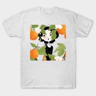 Curious Girl Peeking Through Lush Orange Tree with Blossoms in a Night Setting T-Shirt